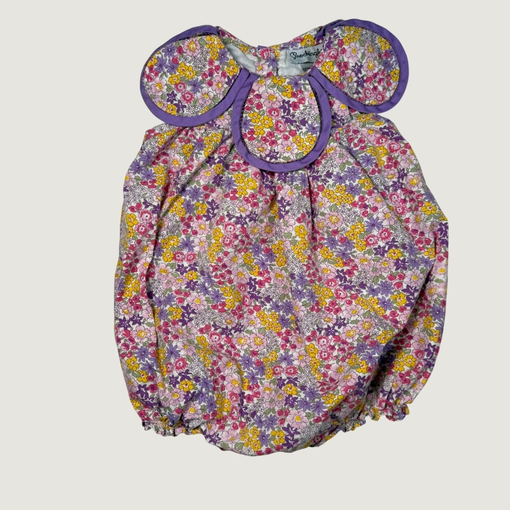 Smockingbird Baby Girls Floral Petal Collar Bubble Romper Purple Pink 18M
